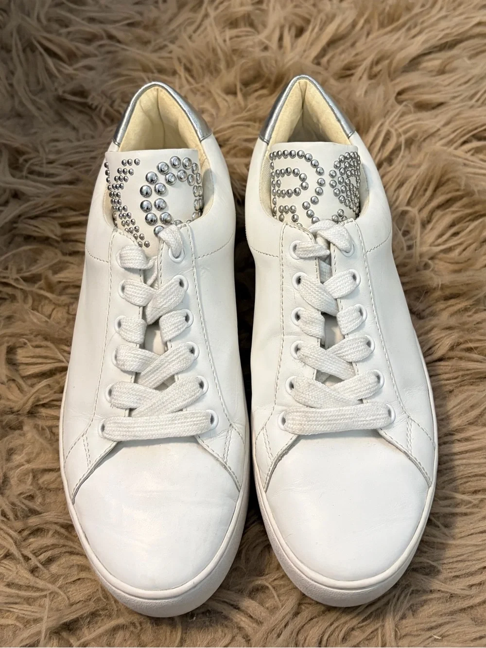 Michael Kors White Leather Sneakers with Silver Stud Accents